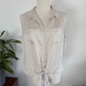 Vince Camuto Womens Sleeveless Waist Tie Buttoned Blouse Satin White Size L